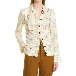 GANNI Floral Ruched Crinkled Cream Satin Long Sleeve Shirt, Size 44 | 14